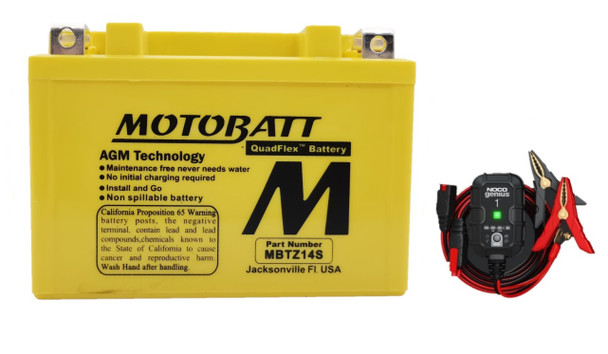 MotoBatt MBTZ14S 11.2Ah 190 CCA AGM Battery bundle with NOCO GENIUS1 6V/12V 1A Charger