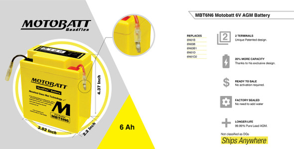 MotoBatt MBT6N6 6V 6Ah AGM Powersports Battery replaces 6N61B 6N6-3B 6N63B1 6N61D 6N61D2
