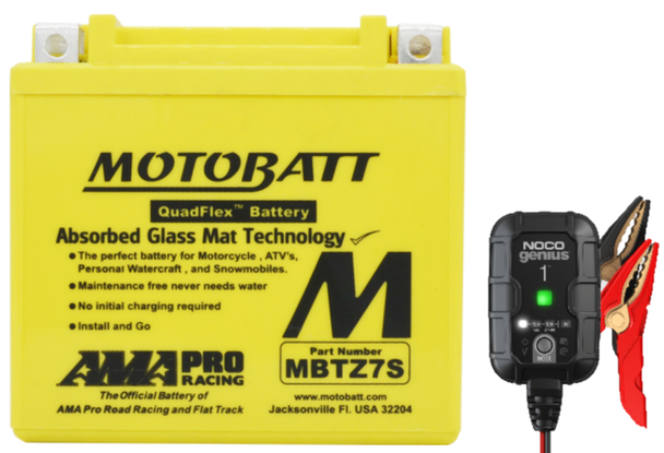 MotoBatt MBTZ7S 6.5Ah AGM Battery bundle with NOCO GENIUS1 6V/12V 1A Charger