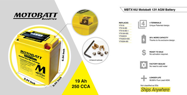 MotoBatt MBTX16U 19Ah 250 CCA AGM Powersports Battery replaces YTX16 YTX16-BS
