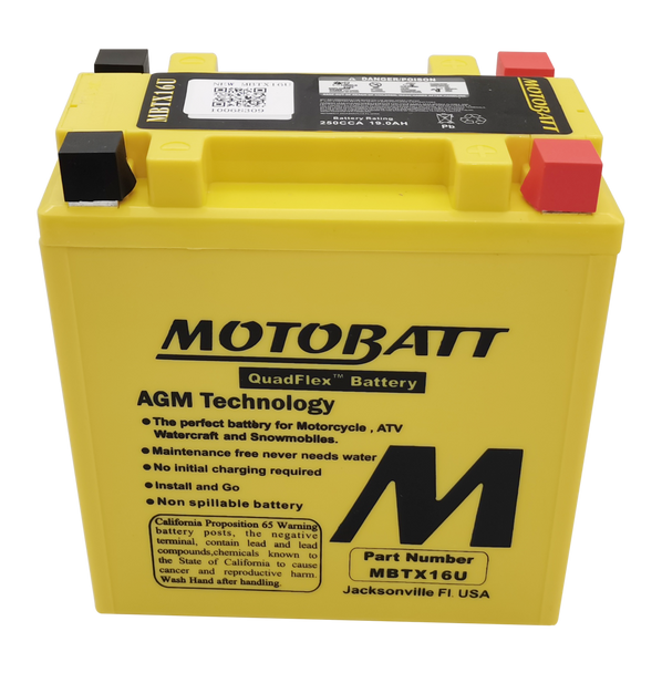 MotoBatt MBTX16U 19Ah 250 CCA AGM Powersports Battery replaces YTX16 YTX16-BS