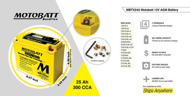 MotoBatt MBTX24U 25Ah AGM Battery bundle with MotoBatt PDCT1 12V/6V 1A Charger