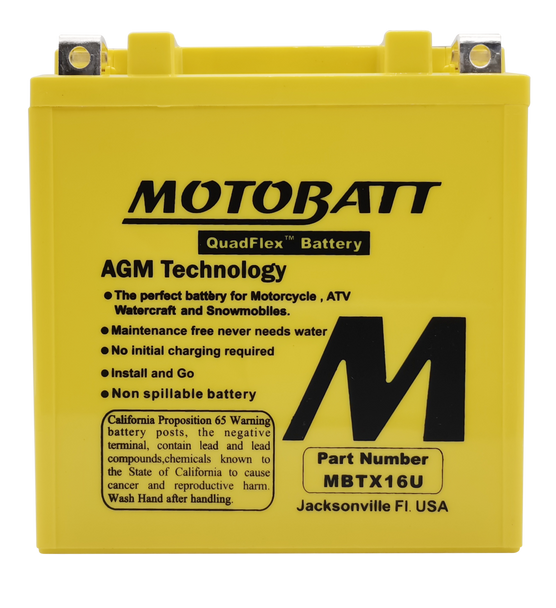 MotoBatt MBTX16U 19Ah 250 CCA AGM Powersports Battery replaces YTX16 YTX16-BS