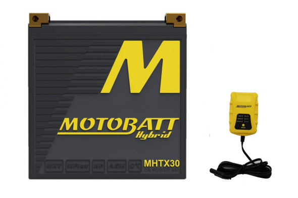 MotoBatt MHTX30 34Ah 650 CCA Hybrid Lithium Battery bundle with MotoBatt PDCT1 12V/6V 1A Charger