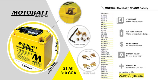 MotoBatt MBTX20U 21Ah AGM Battery bundle with MotoBatt PDCT1 12V/6V 1A Charger