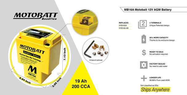 MotoBatt MB16A AGM Replacement Battery for Shadow Spirit 1985-1997, VT1100C2 A.C.E. 1995-1999, Vt750C 1983, Vt700C 1984-1985, T 1100Cc 1998-2000 HYB16AA HYB16A-AB