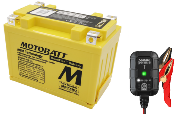 MotoBatt MBTX9U 10.5Ah 160 CCA AGM Battery bundle with NOCO GENIUS1 6V/12V 1A Charger