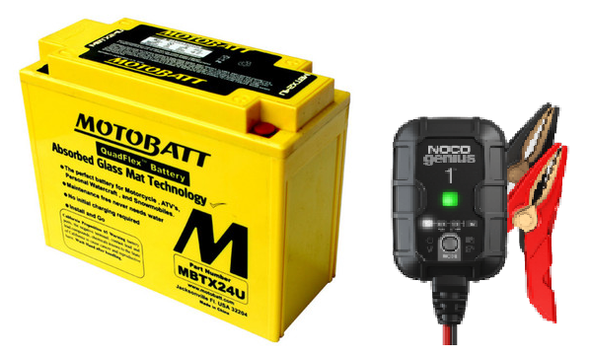 MotoBatt MBTX24U 25Ah AGM Battery bundle with NOCO GENIUS1 6V/12V 1A Charger