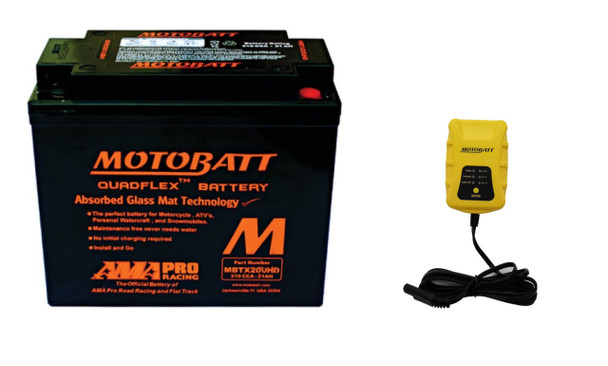 MotoBatt MBTX20UHD 21Ah AGM Battery bundle with MotoBatt PDCT1 12V/6V 1A Charger