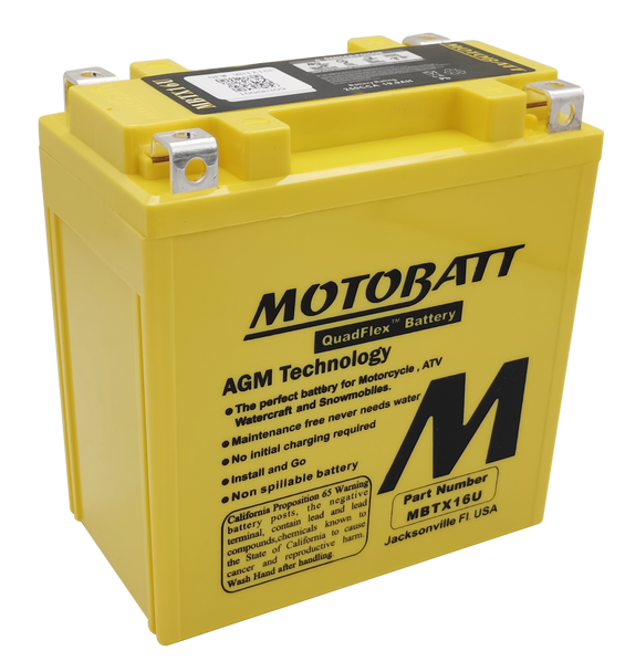 MotoBatt MBTX16U 19Ah 250 CCA AGM Powersports Battery replaces YTX16 YTX16-BS