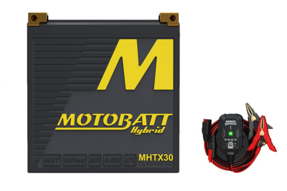 MotoBatt MHTX30 34Ah 650 CCA Hybrid Lithium Battery bundle with NOCO GENIUS1 6V/12V 1A Charger