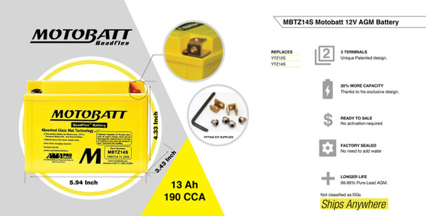 MotoBatt MBTZ14S 11.2Ah 190 CCA AGM Battery bundle with MotoBatt PDCT1 12V/6V 1A Charger