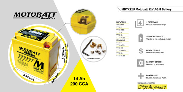 MotoBatt MBTX12U 14Ah AGM Battery bundle with MotoBatt PDCT1 12V/6V 1A Charger